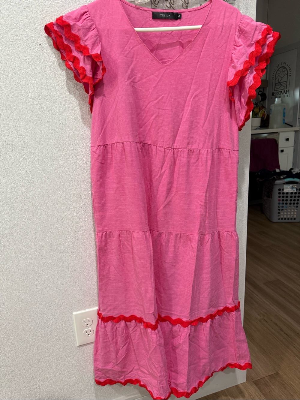 Women’s Pink Tiered Midi Dress with Red Trim - Picture 2 of 5